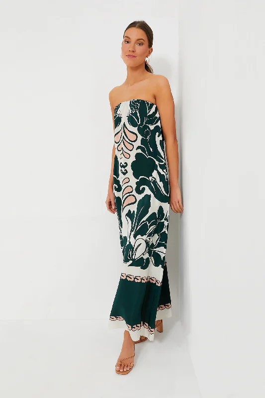 Dark Green Spray of Flowers Strapless Long Dress Tunics Handmade artisanal