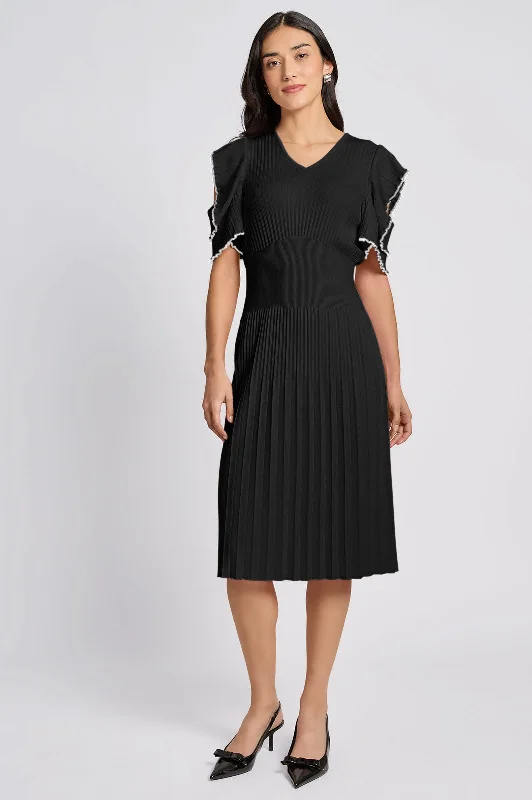 Fit-N-Flare Ruffle Sleeve Soft Rib Knit Dress Elegant Long Evening