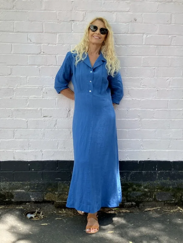 Jiva Linen Carrie Dress - Dark Blue Maxi Flowy Bohemian