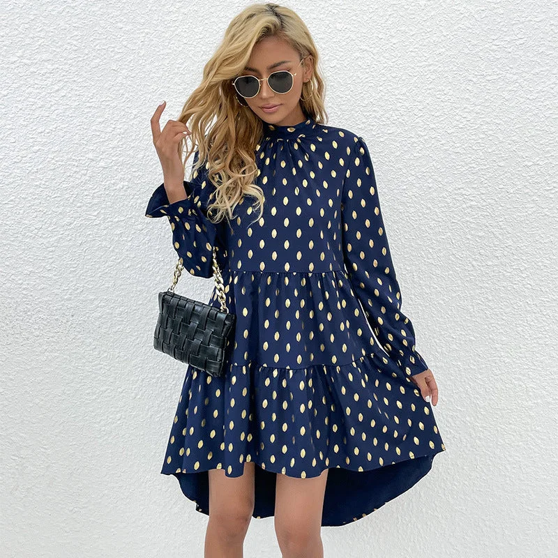 IKEARLAX cross-border  autumn and winter  Hepburn style women's  polka dot irregular fishtail dress dress Tunics Luxurious high-end