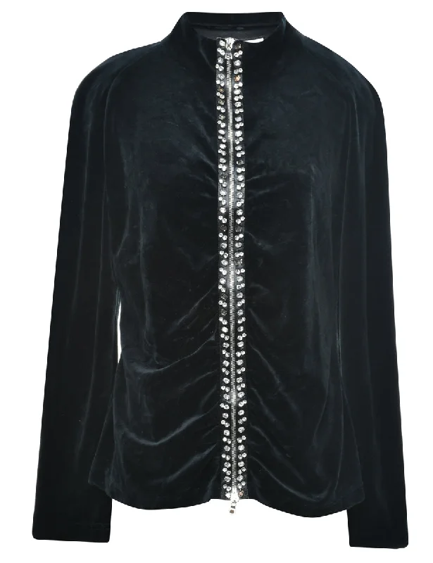 Velvet Studded Sweatshirt - L Hoodie with Zipper Placket Modern Functional