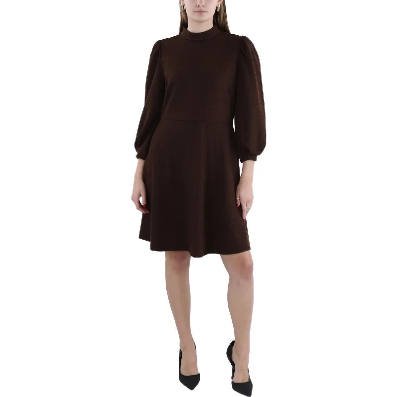 Womens Houndstooth Puff Sleeve Fit & Flare Dress Crew Neckline Sporty
