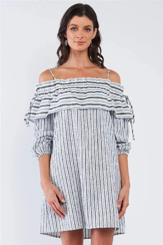 Striped Off-The-Shoulder Ruffle Hem Mini Dress Tunics Essential wardrobe