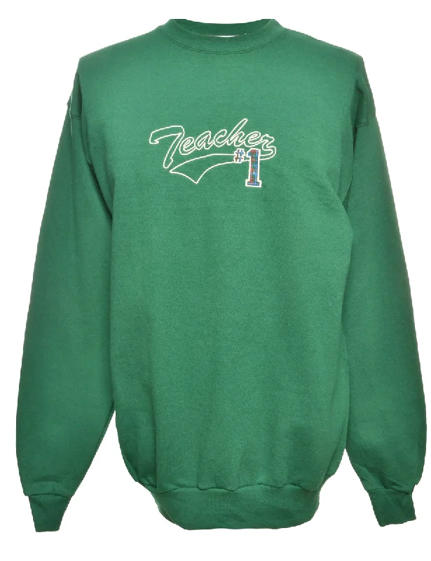 Teacher Embroidered Sweatshirt - L Hoodie with Hem Raw Edge Edgy Unfinished