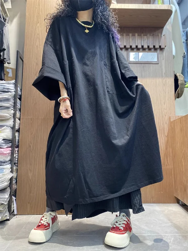 Women Spring Casual Pure Color O-Neck Loose Dress Cowl Neckline Elegant