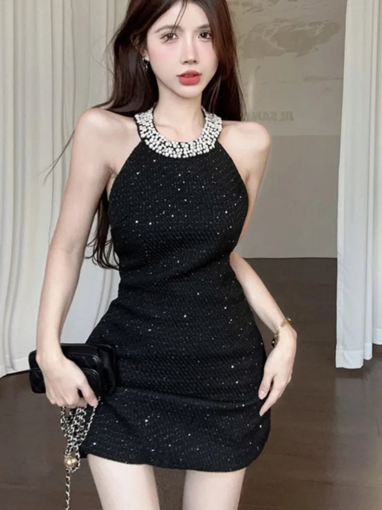 Zjkrl  -  Sexy Halter Mini Dress Women Sleeveless Rhinestone Patchwork Shiny Slim Fashion Backless Evening Party Dresses Club Prom Vestido Tunics Long Elegant
