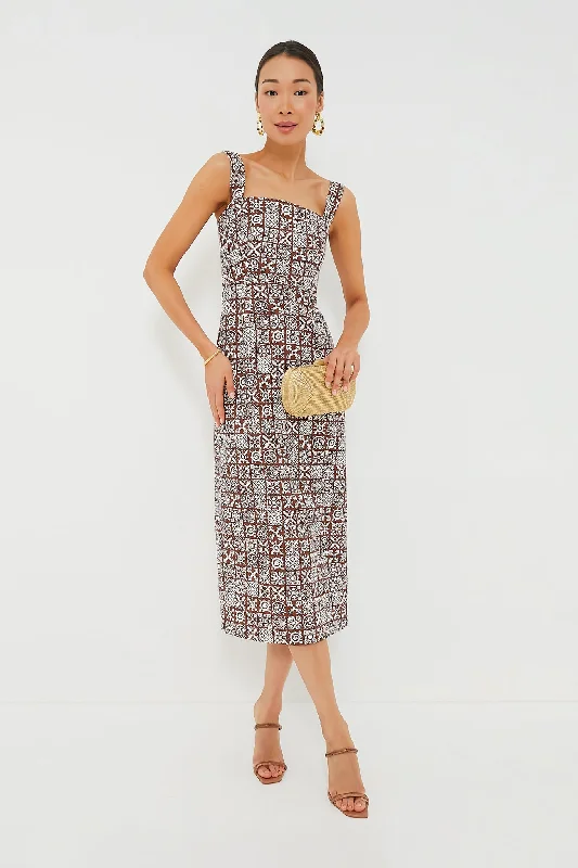 Brown with White Checkerboard Long Slip Dress Tunics Office stylish