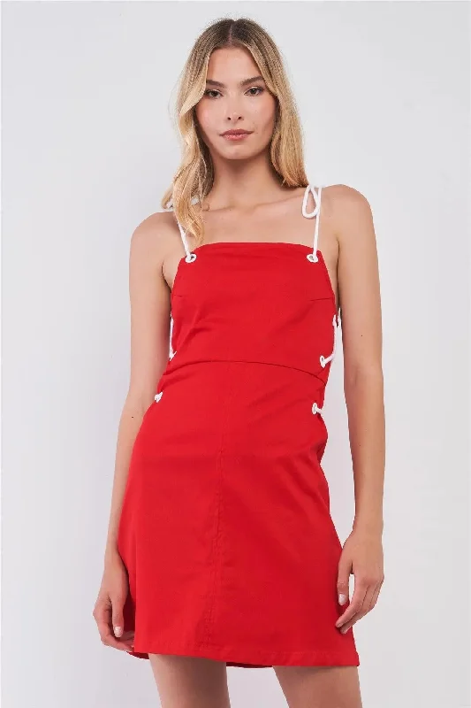 Red & White Lace-Up Straps Sleeveless Square Neck Fitted Mini Dress Tunics Ceremony elegant