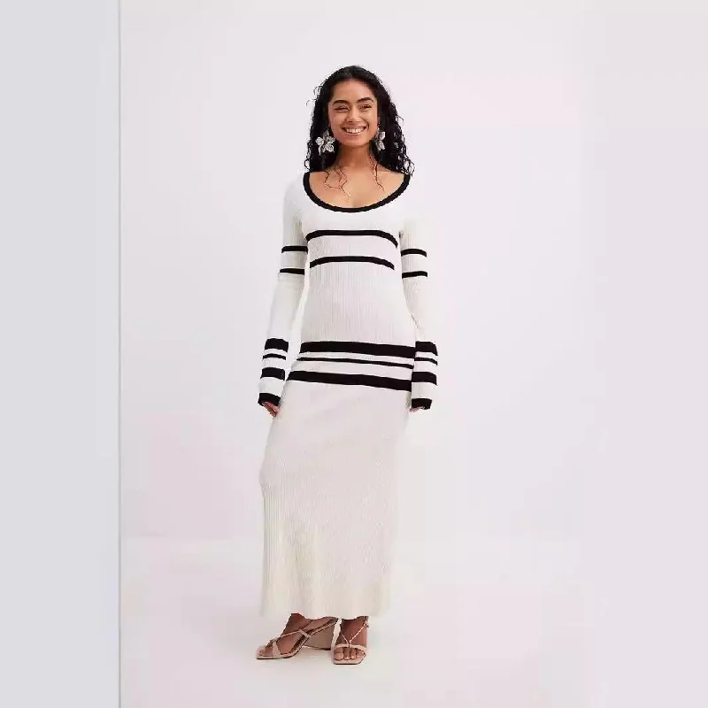 IKEARLAX Europe, America autumn and winter new cross-border women's clothing  fashion slim sweater skirt striped color matching knitted dress Tunics Winter warm