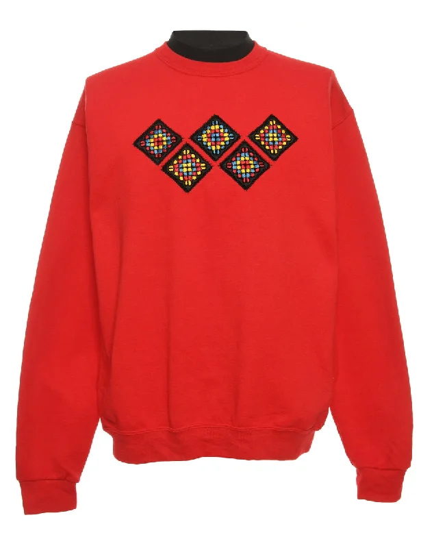 Embroidered Red & Black Sweatshirt - L Hoodie with Exposed Zipper Edgy Industrial