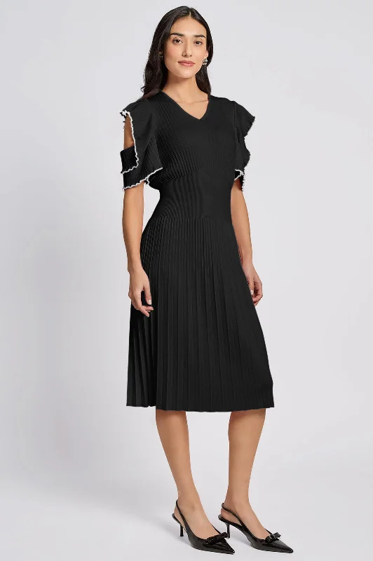 Plus Size Fit-N-Flare Ruffle Sleeve Soft Rib Knit Dress Casual Short Summer