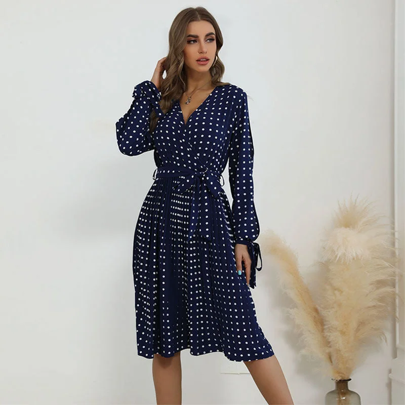 IKEARLAX  trade   autumn and winter  strap hollow skirt cross-border v-neck pleated polka dot dress Tunics Summer linen