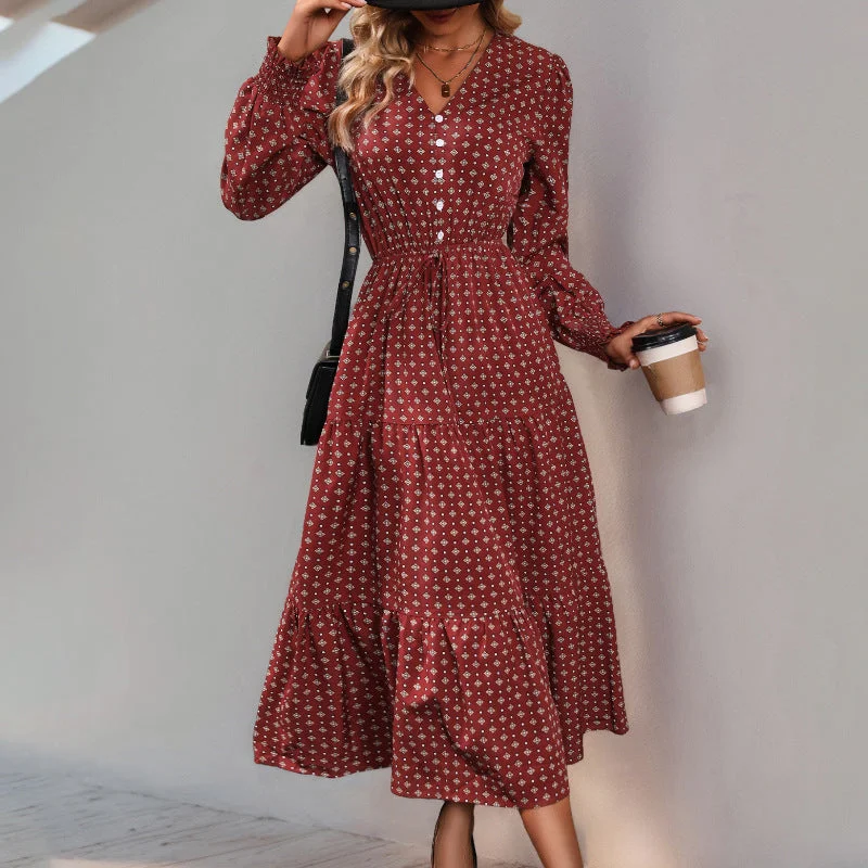 IKEARLAX New  dress long-sleeved ruffle edge long dress V-neck buckle skirt red retro women's dress Tunics Short Trendy