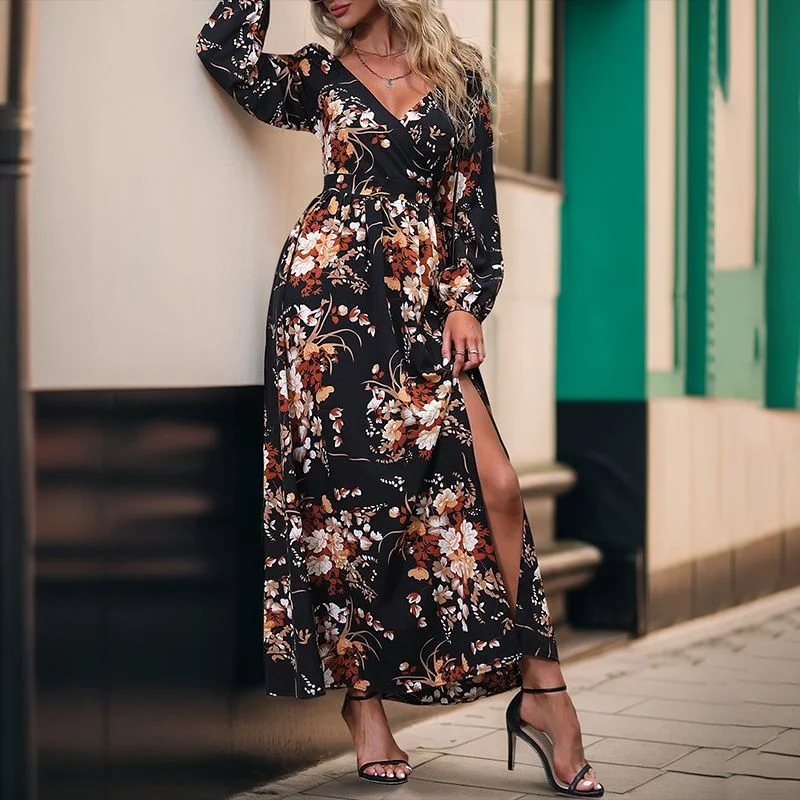 IKEARLAX New Hot Trade New New 2025 Autumn Women's  Long Sleeve V-Neck Printed Dress Women Boat Neckline Classic