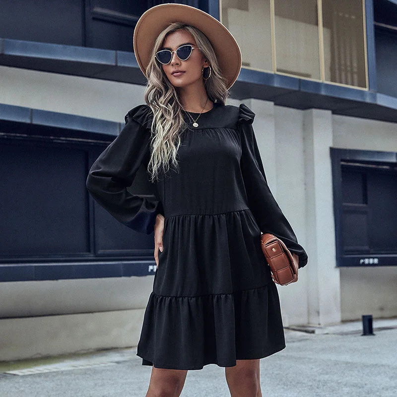 IKEARLAX cross-border 2023 autumn  women's clothing ruffle edge loose pleated retro commuter dress Tunics Recommended stylist