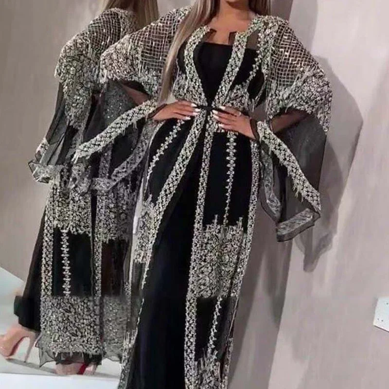 Zjkrl Fashion Sequins Mesh Mopping Maxi Dress French Vintage Belt Women Club Dress Elegant O Neck Flare Sleeve Lace Evening Dress Tunics Travel practical