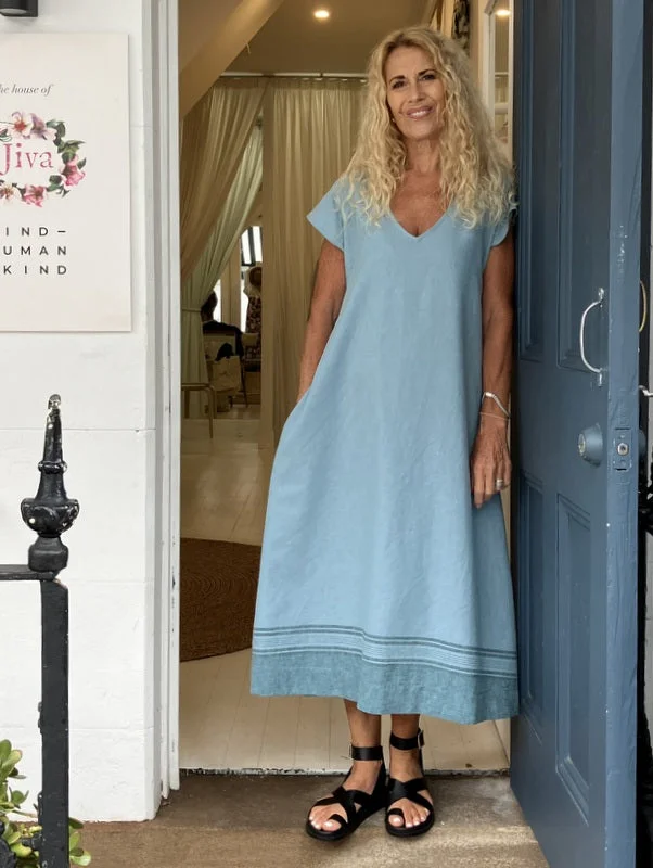 Jiva Cotton Greta Dress - Blue/ Stripe Tunics Fashionable chic