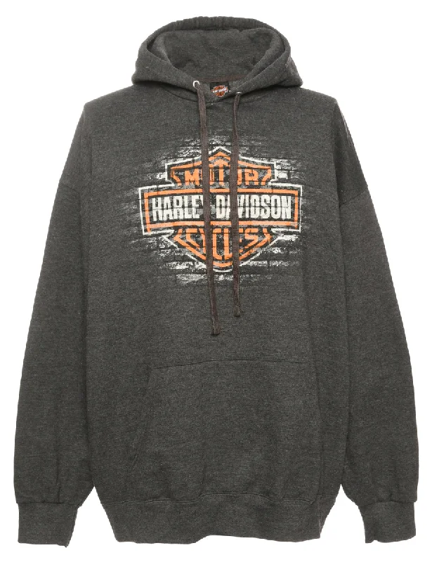 Harley Davidson Printed Grey Sweatshirt - S Zip Hoodie Drawstring Kangaroo Pocket