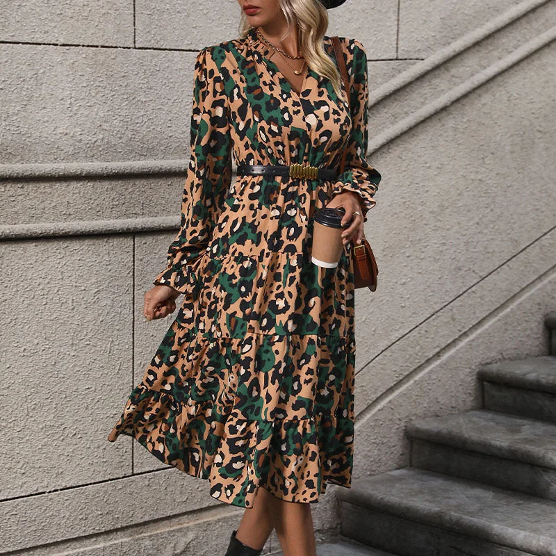 IKEARLAX New Hot Trade New New 2025 Autumn Women's  Medium and Long Sleeve Leopard Print Dress Tunics Satin smooth