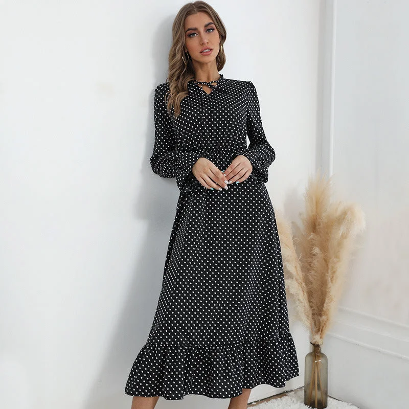 IKEARLAX Cross-border  long-sleeved pleated lace-up long dress   autumn and winter Hepburn style polka dot dress women Tunics Business professional