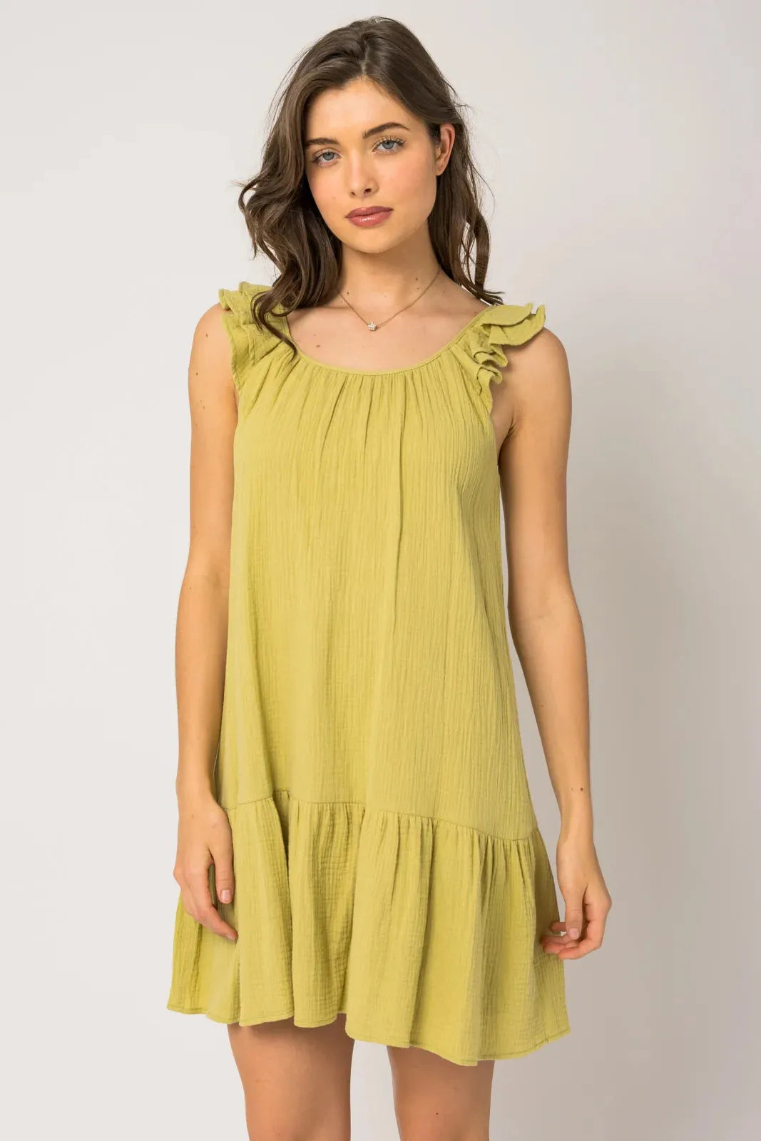 Sleeveless Ruffle Shoulder Shirring Dress Crew Neckline Casual
