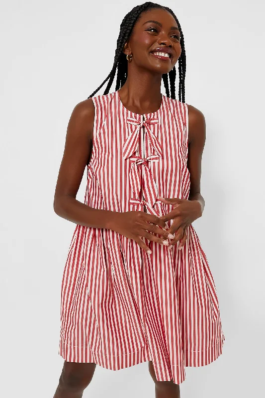 Barbados Cherry Stripe Cotton Mini Bow Tie Dress Tunics Ceremony elegant