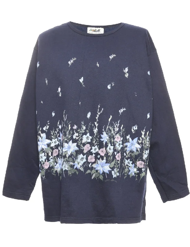 Printed Navy Floral Sweatshirt - M Hoodie with Toggle Buttons Decorative Unique