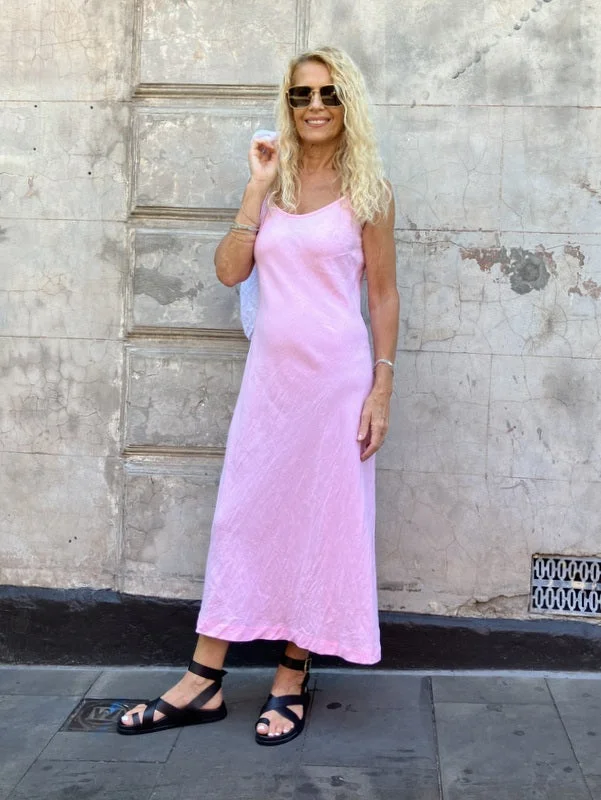 Jiva Antique Wash Linen Shoestring Slip Dress - Candy Pink Tunics Floral girly