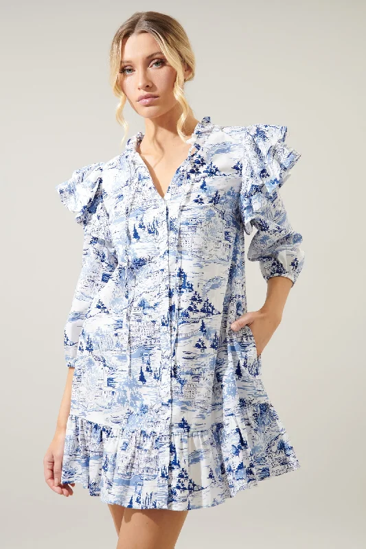 Francine Toile Sky Sammy Ruffle Drop Waist Dress Tunics Solid Classic