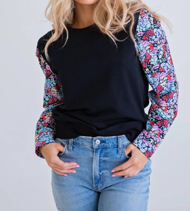 Floral Poplin Slv Sweatshirt in Black Hoodie with Rhinestones Sparkly Elegant