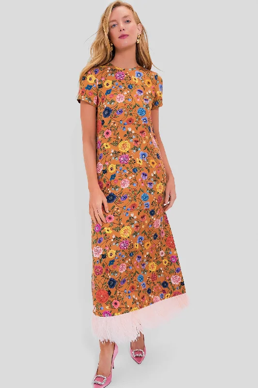 Botticelli Rust Short Sleeve Swing Dress with Feathers Maxi Flowy Bohemian