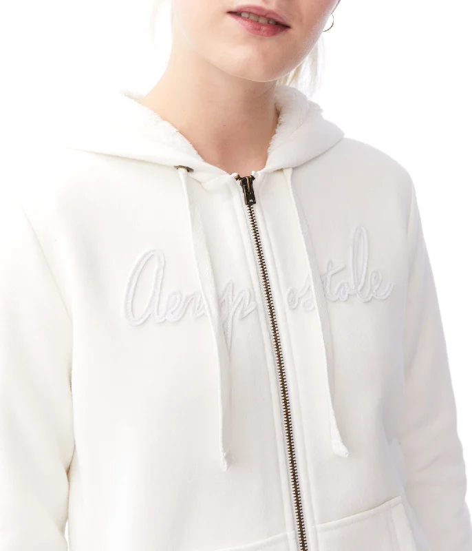 Aeropostale Logo Faux Fur-Lined Full-Zip Hoodie*** Hoodie with Rolled Sleeves Casual Relaxed Aeropostale Logo Faux Fur-Lined Full-Zip Hoodie*** Hoodie with Rolled Sleeves Casual Relaxed
