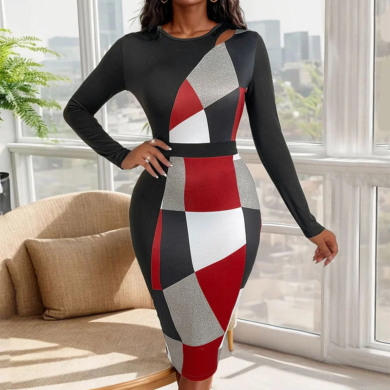 IKEARLAX New autumn slim temperament commuter dress geometric shape high waist long dress women's hip skirt Tunics Fleece cozy