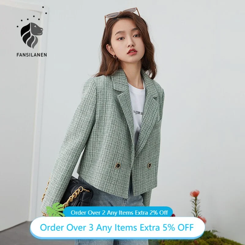 FANSILANEN Green Tweed Plaid Short Blazer Women Elegant Office Oversized Blazer Jacket Female Casual Streetwear Spring Coat 2022 Lace Jacket Ribbed Jacket Sequined Jacket FANSILANEN Green Tweed Plaid Short Blazer Women Elegant Office Oversized Blazer Jacket Female Casual Streetwear Spring Coat 2022 Lace Jacket Ribbed Jacket Sequined Jacket