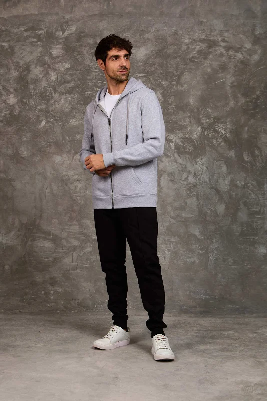 Men Regular Fit Sweat Jacket - Grey Melange Front Pockets Side Pockets Patch Pockets