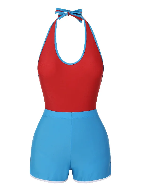 Red & Blue 1930s Solid Patchwork Swimsuit Set Sexy Swimwear Set