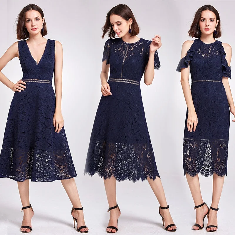 New Arrival Cocktail Dresses Ever Pretty AS05922 Women's Cheap A-line Lace Short Sleeve Cut-out Plus Size Modest Party Dresses Crew Neckline Casual