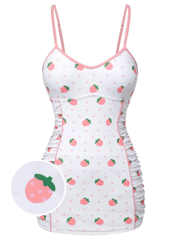 White & Pink 1950s Strawberry Pleated Swimsuit Fun Pattern Swimsuit