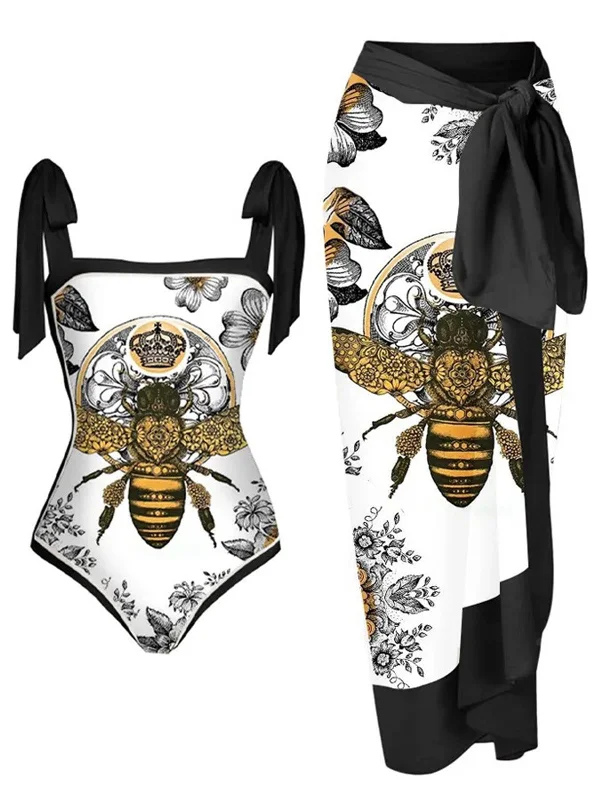 Black & White 1950s Bee Swimsuit & Cover-up Strap Bikini Set