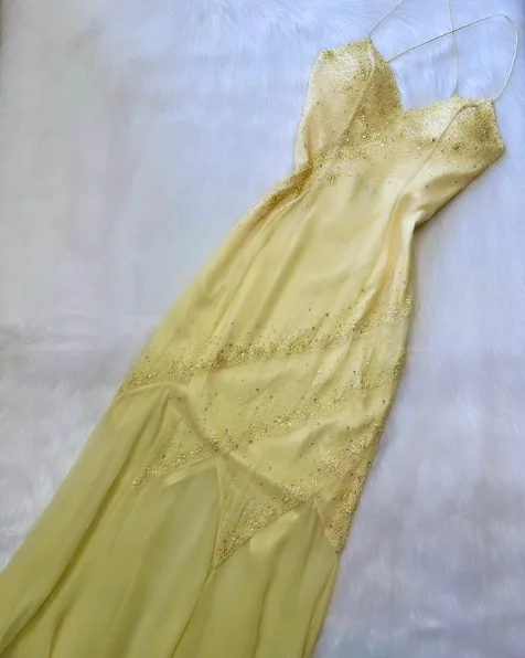 Glitter Pastel Yellow Straps Beading Vintage Long Party Dress, DP2287 Tunics Ceremony elegant