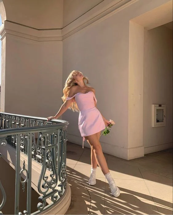 Pink Off Shoulder Mini Party Dress Homecoming Dress,DP1772 Mermaid Tail Wedding