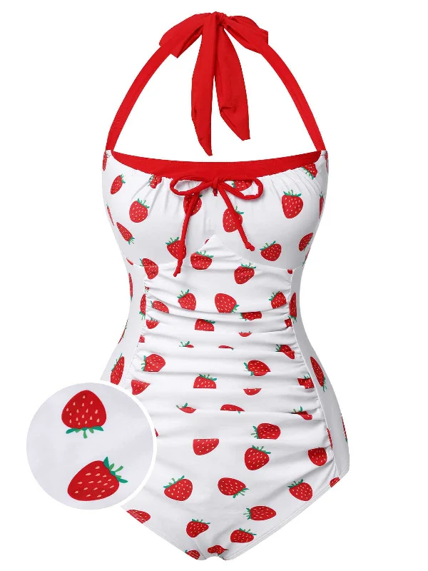 Red 1960s Halter Bow Strawberry One-Piece Swimsuit Retro Swimwear Style