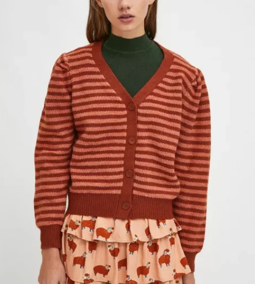 V-Neck Knit Cardigan - Brown Stripe Notch Collar Peter Pan Collar Cowl Neck