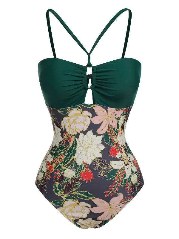 Multicolor 1960s Floral Halter One-Piece Swimsuit Comfortable Swim Shorts