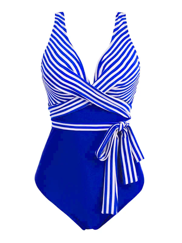 [Plus Size] 1950s Stripe Lace Up Patchwork One-Piece Swimsuit Push-Up Bikini Bottoms