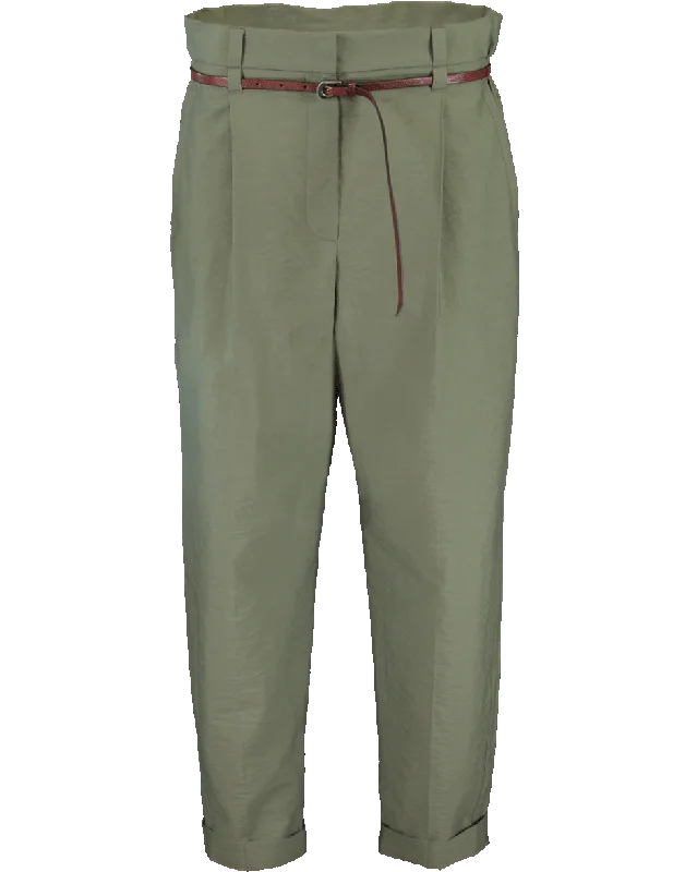 Monili Belted Cotton Paper Bag Pant Elegant Palazzo Trousers