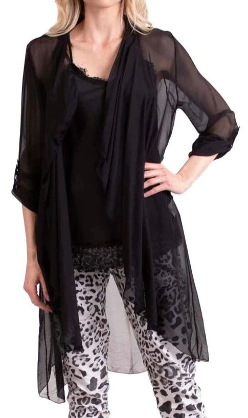 PORTICI SILK CARDIGAN in BLACK Jersey Fabric Tulle Fabric Batik Fabric