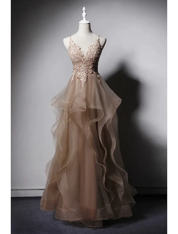 Spaghetti Straps A-Line Appliques Tulle Formal Party Dress with Beading,DP1460 Tunics Floral girly