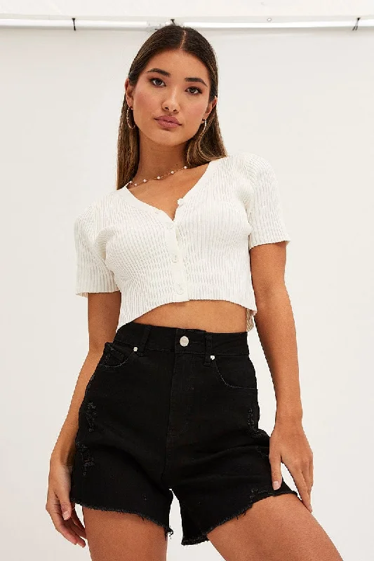 White Knit Cardigan Short Sleeve Stretchy Elastic Breathable