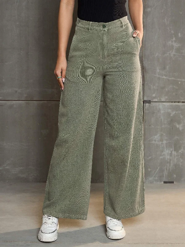 Women Olive Denim Flared Pants Soft Sweatpants Style